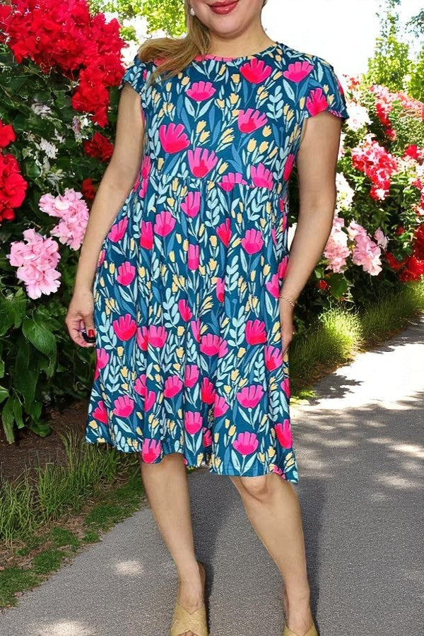 Summer mom and me dress Floral & blue printed & short sleeve dress XCH16126 (BS8) AS5