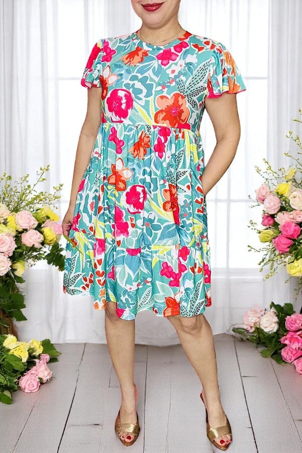 Shop women's dress Floral printed turquoise flutter short sleeve dress wholesale GJQ16165.(CS9)