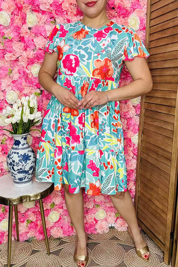 Shop women's dress Floral printed turquoise flutter short sleeve dress wholesale GJQ16165.(CS9)