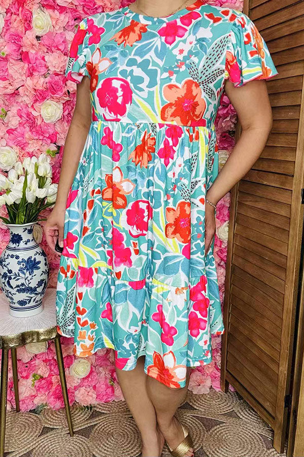 Shop women's dress Floral printed turquoise flutter short sleeve dress wholesale GJQ16165.(CS9)