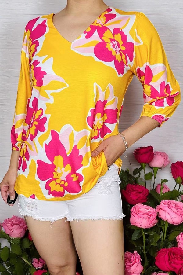 Women's blouse wholesale Yellow floral printed 3/4 sleeves w/v-neckline GJQ16227