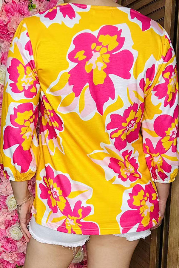 Women's blouse wholesale Yellow floral printed 3/4 sleeves w/v-neckline GJQ16227