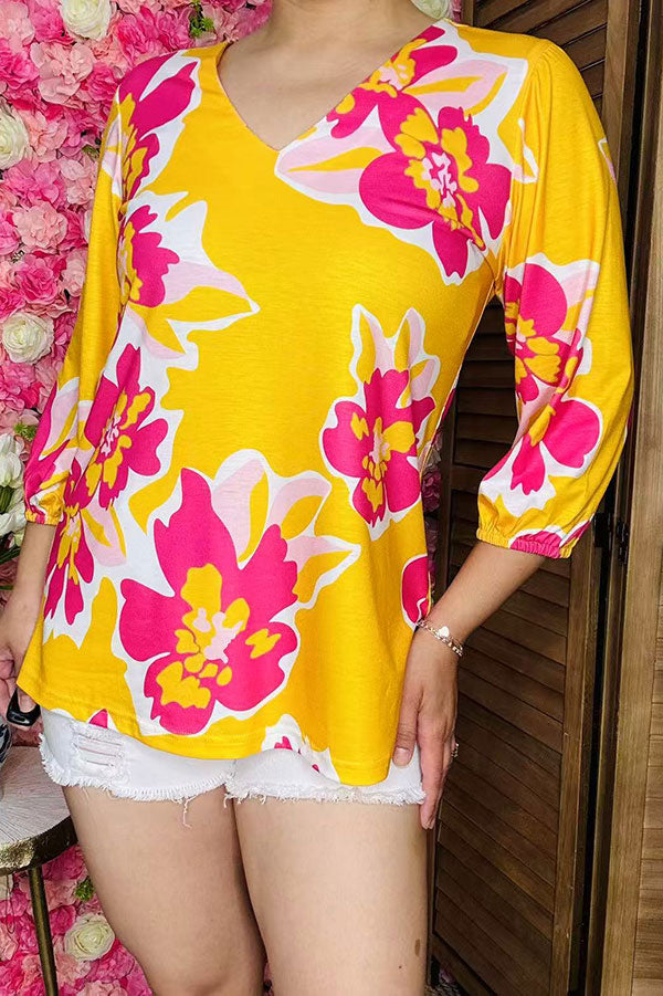 Women's blouse wholesale Yellow floral printed 3/4 sleeves w/v-neckline GJQ16227