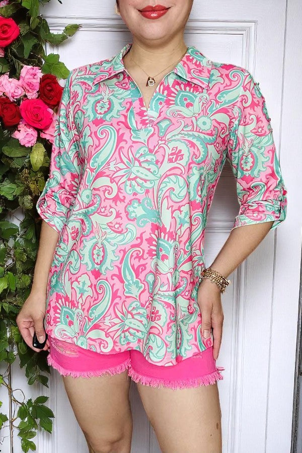 Shop Mint paisley printed long sleeve women's blouse GJQ16257(DS9)