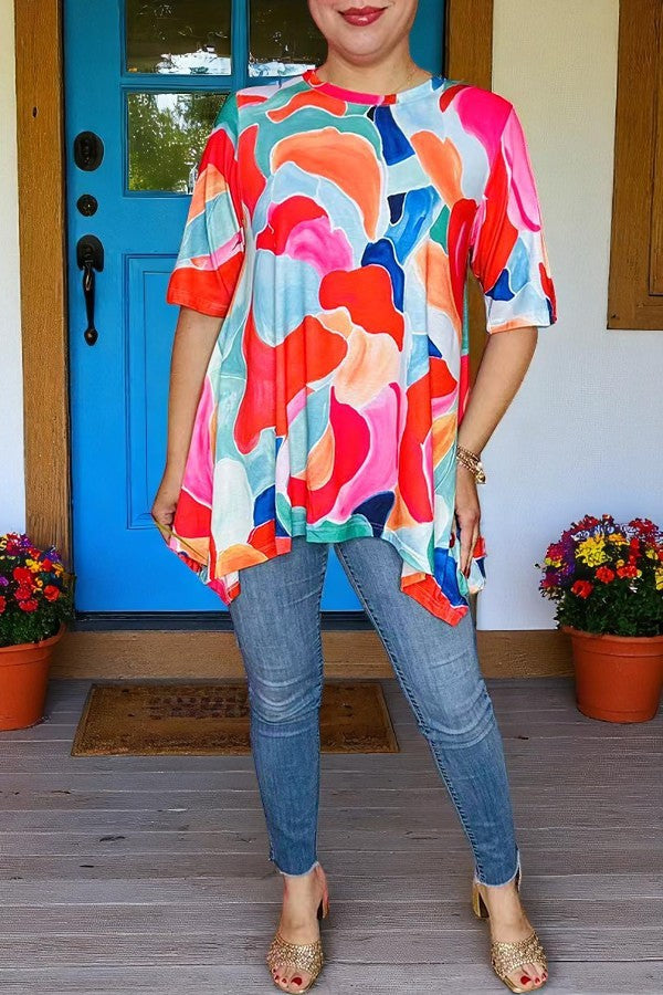 Shop Abstract Print high low style women's blouse w/short sleeves GJQ16290 (CS2)