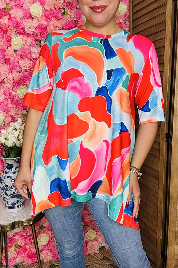 Shop Abstract Print high low style women's blouse w/short sleeves GJQ16290 (CS2)