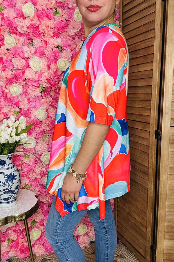 Shop Abstract Print high low style women's blouse w/short sleeves GJQ16290 (CS2)