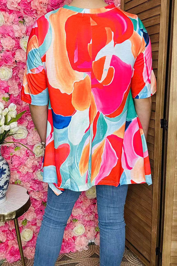 Shop Abstract Print high low style women's blouse w/short sleeves GJQ16290 (CS2)