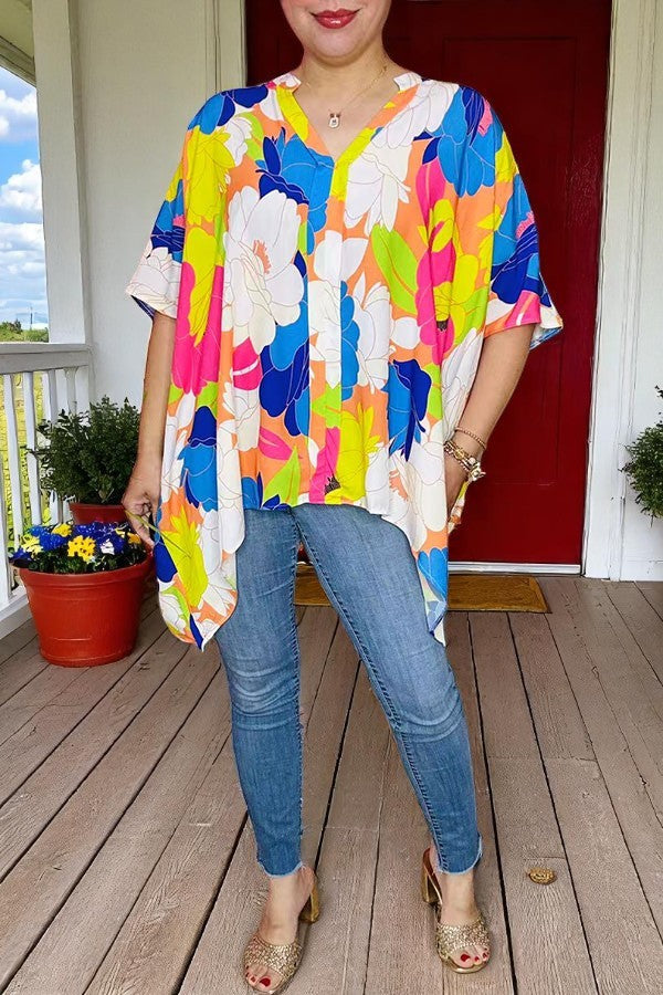 Shop oversized high-low style linen fabric women blouse w/short sleeves GJQ16249 IS10