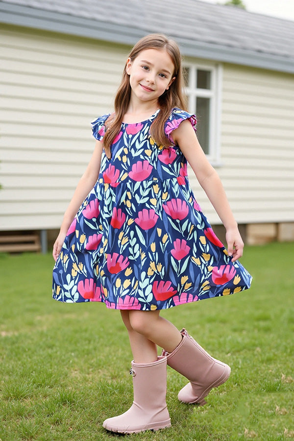 Summer mom and me dress Floral & blue printed & short sleeve dress XCH16126 (BS8) AS5