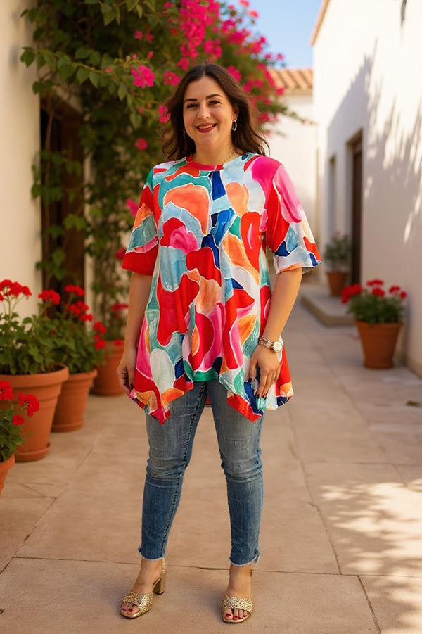 Shop Abstract Print high low style women's blouse w/short sleeves GJQ16290 (CS2)