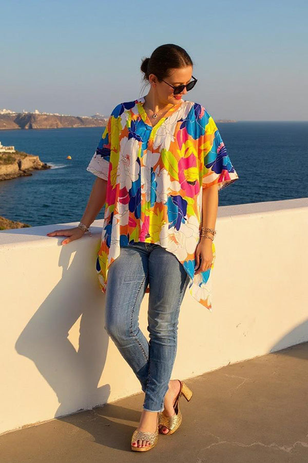 Shop oversized high-low style linen fabric women blouse w/short sleeves GJQ16249 IS10