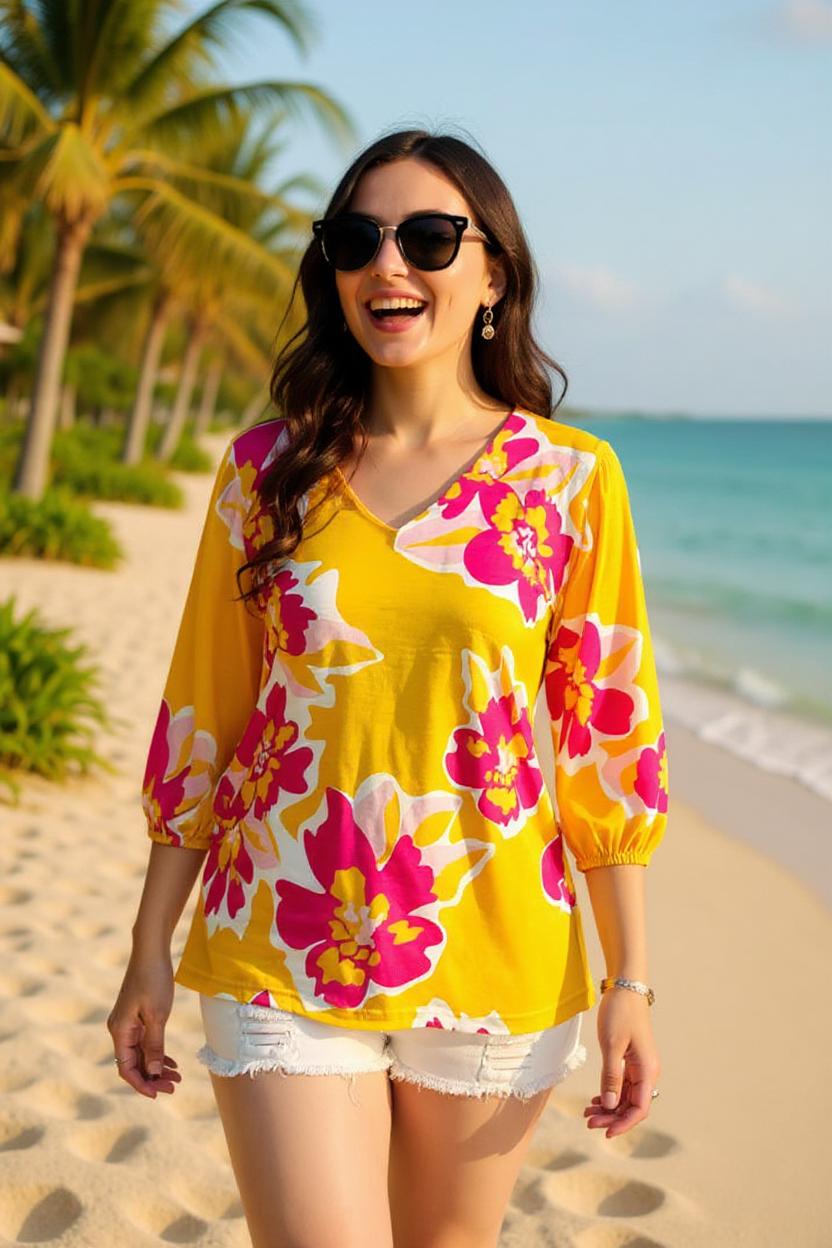 Women's blouse wholesale Yellow floral printed 3/4 sleeves w/v-neckline GJQ16227