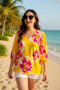 Women's blouse wholesale Yellow floral printed 3/4 sleeves w/v-neckline GJQ16227