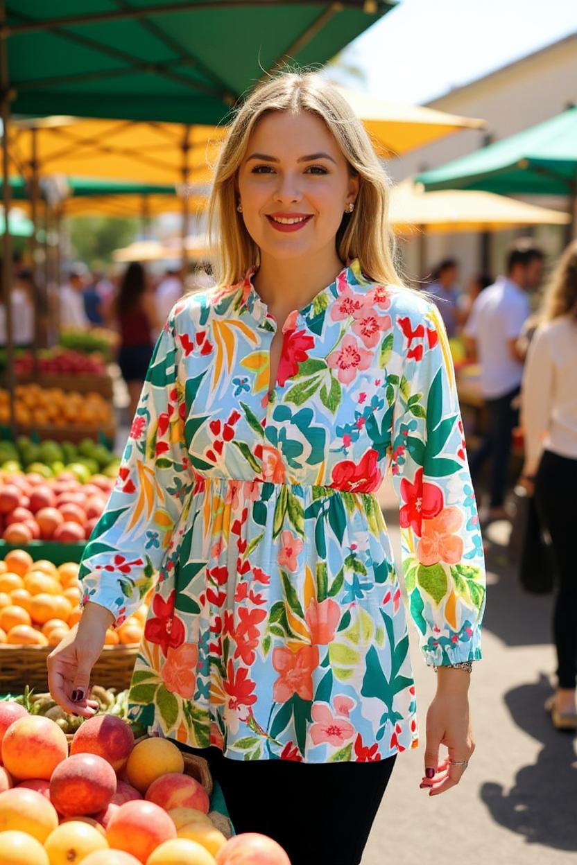 Buy women's blouse w/floral printed & 3/4 sleeves v-neckline GJQ16231 IS6